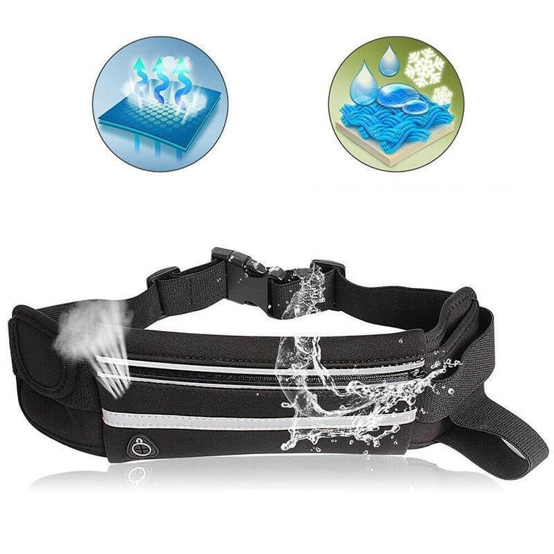 Two black fitness waist bags, water-resistant, adjustable, with phone holder for running & gym workouts.