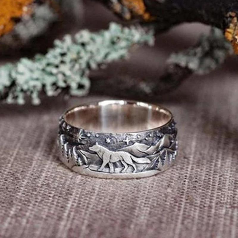 Unisex wolf paired rings with shimmering cubic zirconia accents, ideal as loyalty rings for couples.