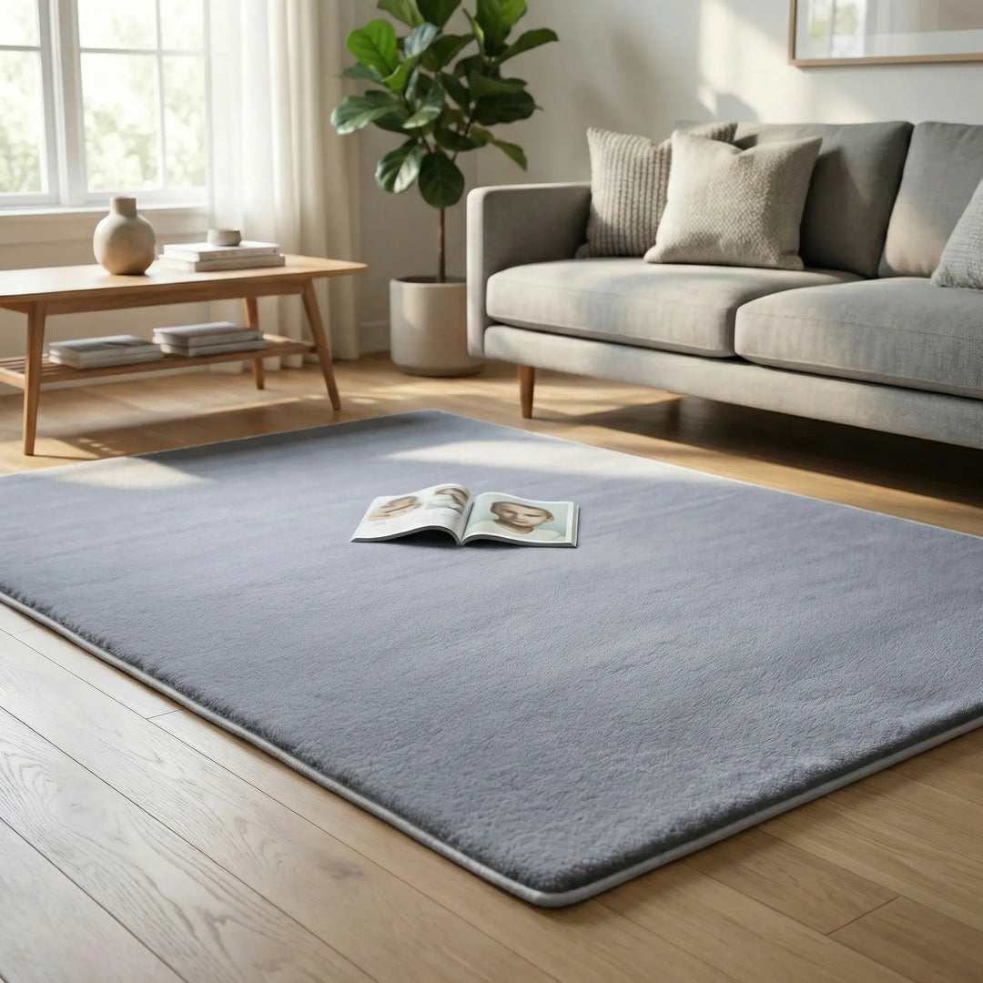 View of a cozy, soft plush bedroom rug, extra thick for warmth and comfort. Ideal non-slip floor mat.