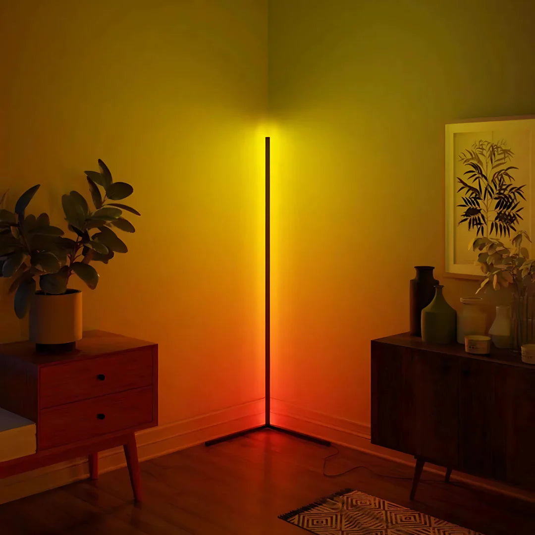 "Colorful adjustable floor lamp with remote, showcasing vibrant lighting and adjustable height, perfect for mood enhancement.