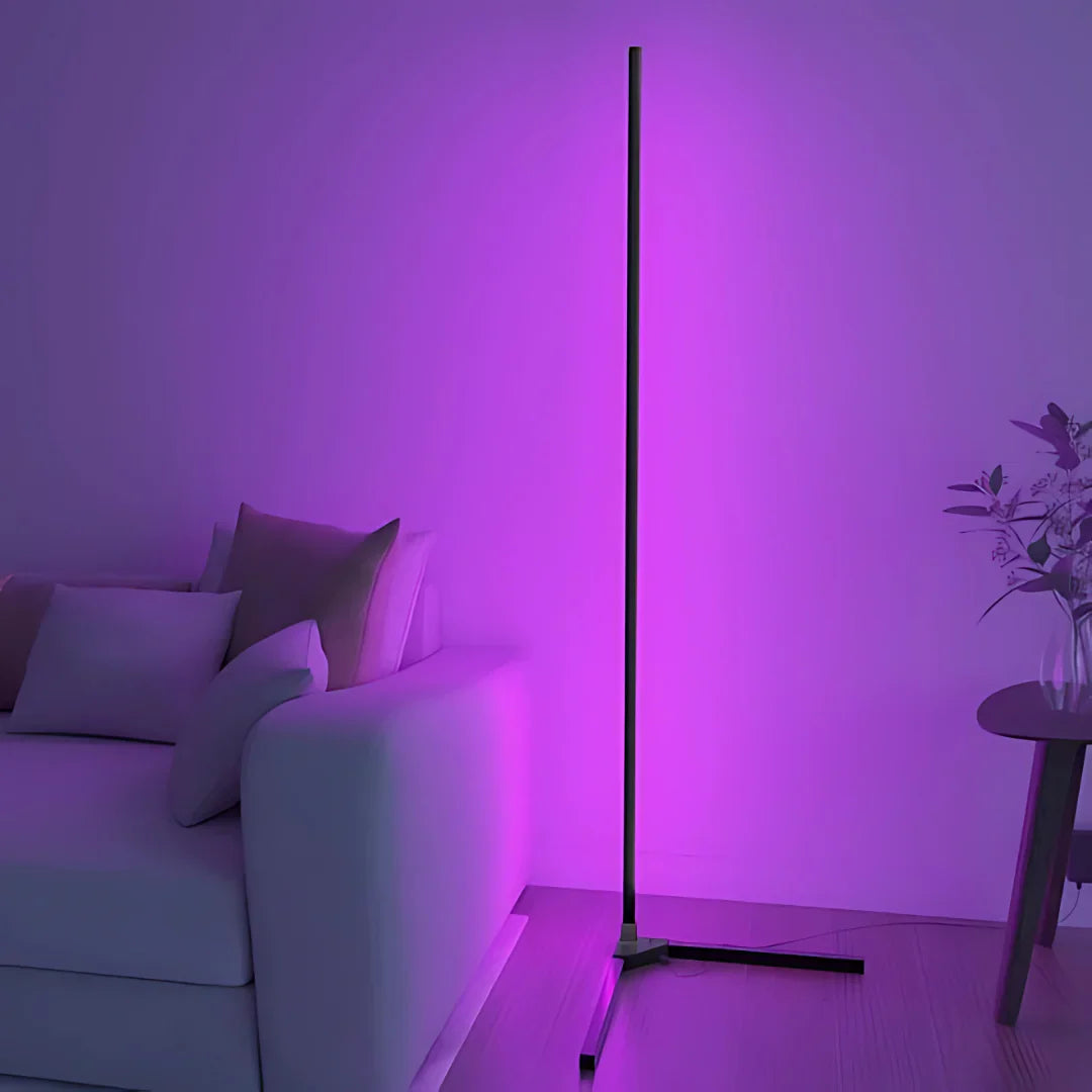 "Colorful adjustable floor lamp with remote, showcasing vibrant lighting and adjustable height, perfect for mood enhancement.