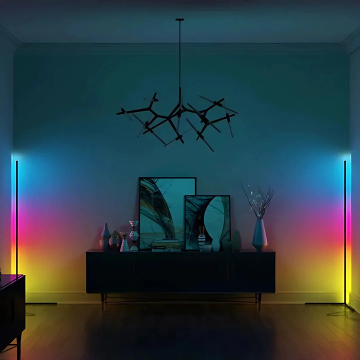 "Colorful adjustable floor lamp with remote, showcasing vibrant lighting and adjustable height, perfect for mood enhancement.