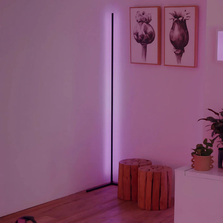 "Colorful adjustable floor lamp with remote, showcasing vibrant lighting and adjustable height, perfect for mood enhancement.