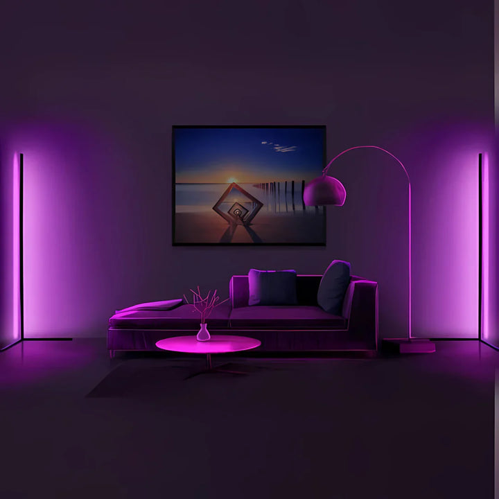 "Colorful adjustable floor lamp with remote, showcasing vibrant lighting and adjustable height, perfect for mood enhancement.