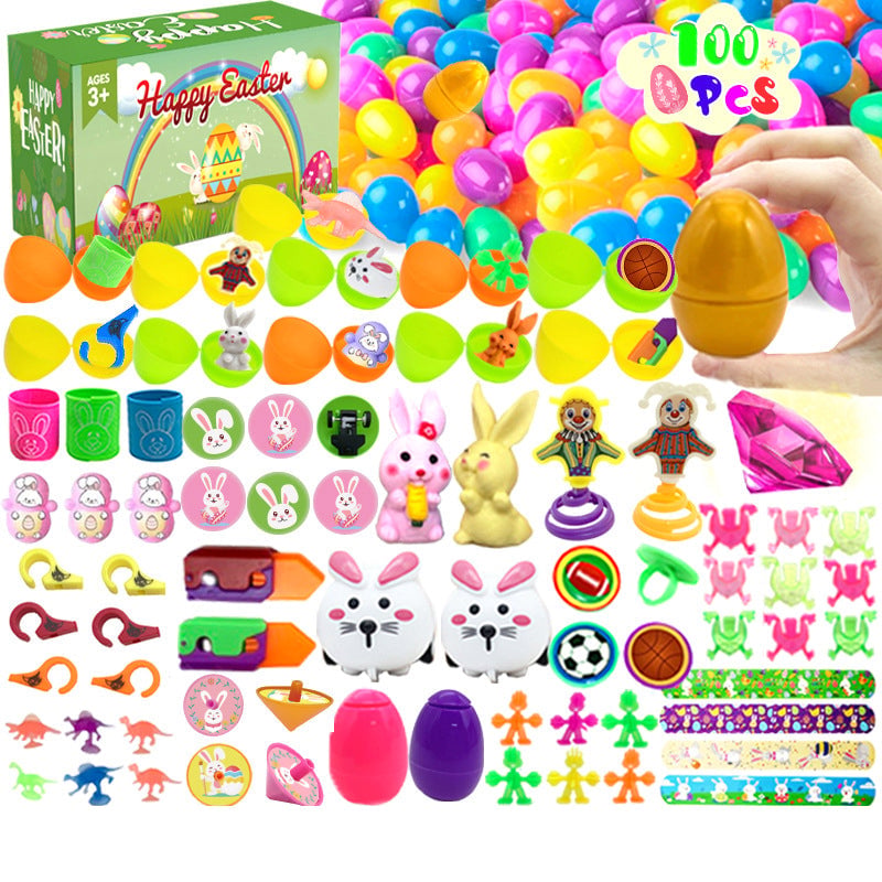 Playful prefilled Easter eggs for kids, containing a mix of toys & colorful stickers