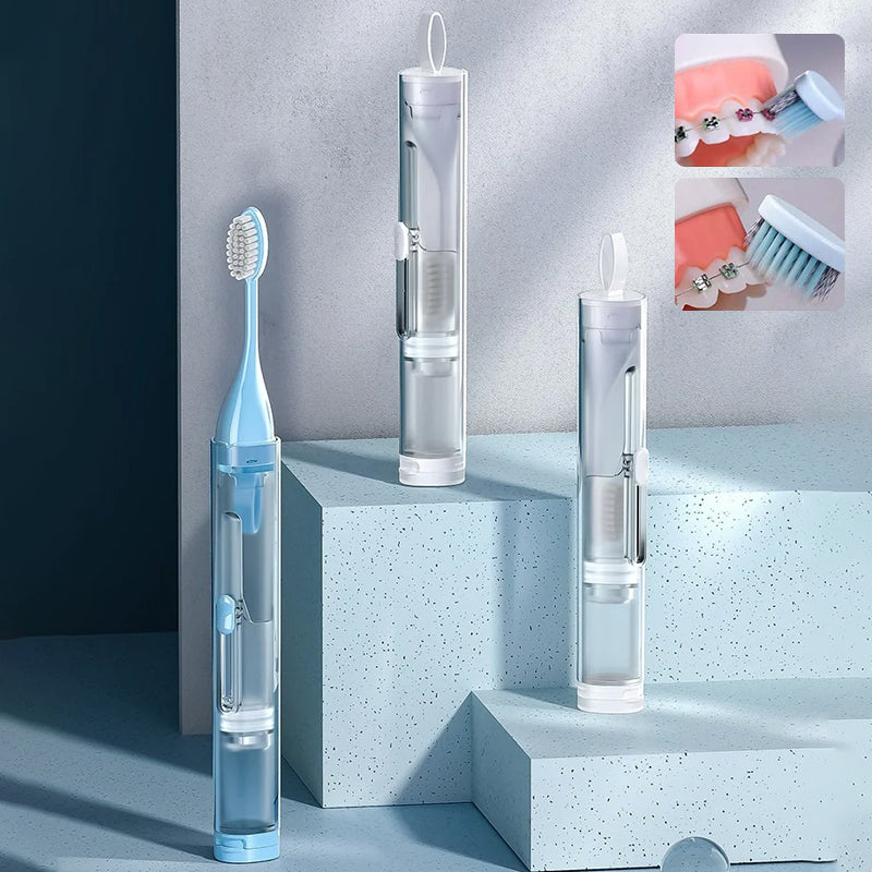 Compact 3-in-1 travel toothbrush, blue, with integrated toothpaste dispenser and brush cover