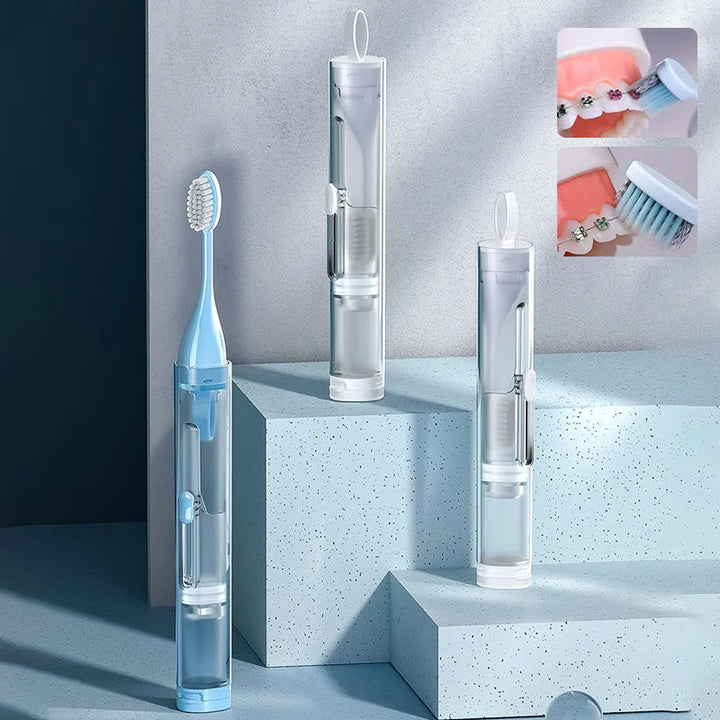 Compact 3-in-1 travel toothbrush, blue, with integrated toothpaste dispenser and brush cover