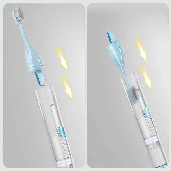 Innovative folding travel toothbrush, purple, offering comprehensive dental care at home or away