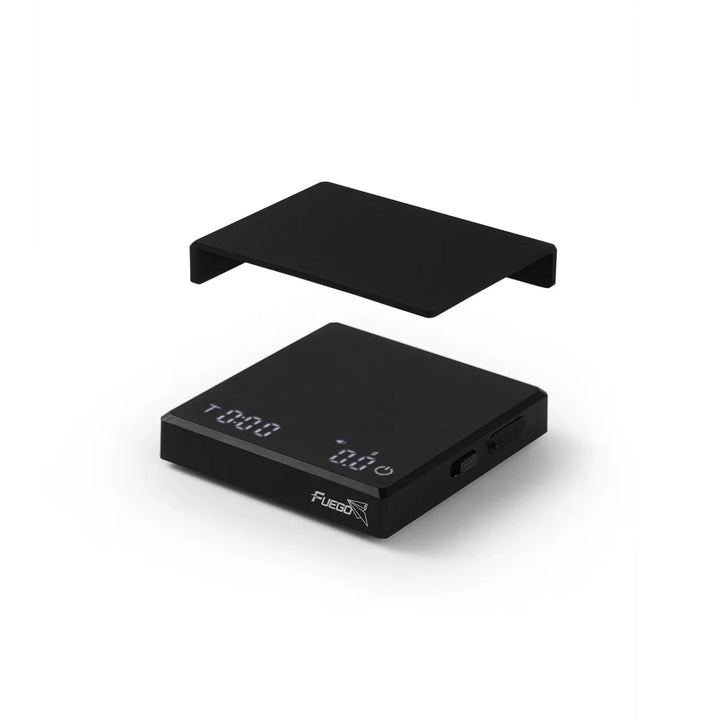 "Compact digital coffee scale with precise 0.1g measurement, black sleek design, clear LCD display for coffee brewing."