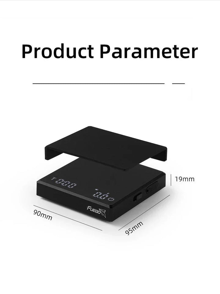 "Compact digital coffee scale with precise 0.1g measurement, black sleek design, clear LCD display for coffee brewing."
