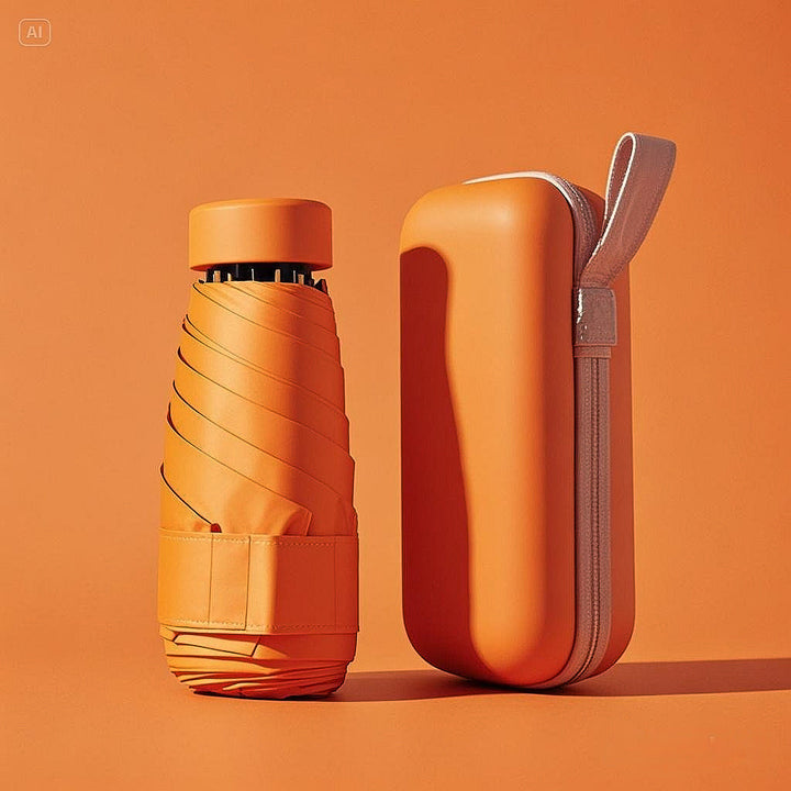 Small portable travel umbrella neatly packed in its waterproof case, perfect rain gear.