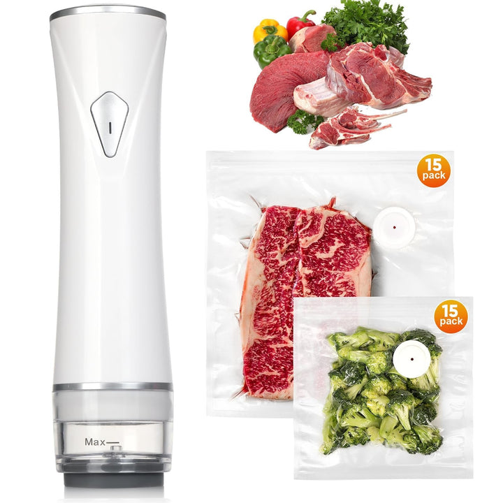 Handheld cordless vacuum sealer efficiently seals food in reusable bags, prevents freezer burn