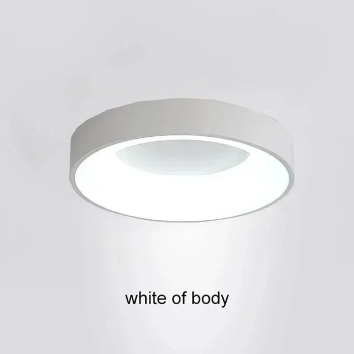Contemporary circular metal LED ceiling light, sleek design with acrylic finish, emits soft warm or cool lighting for home de