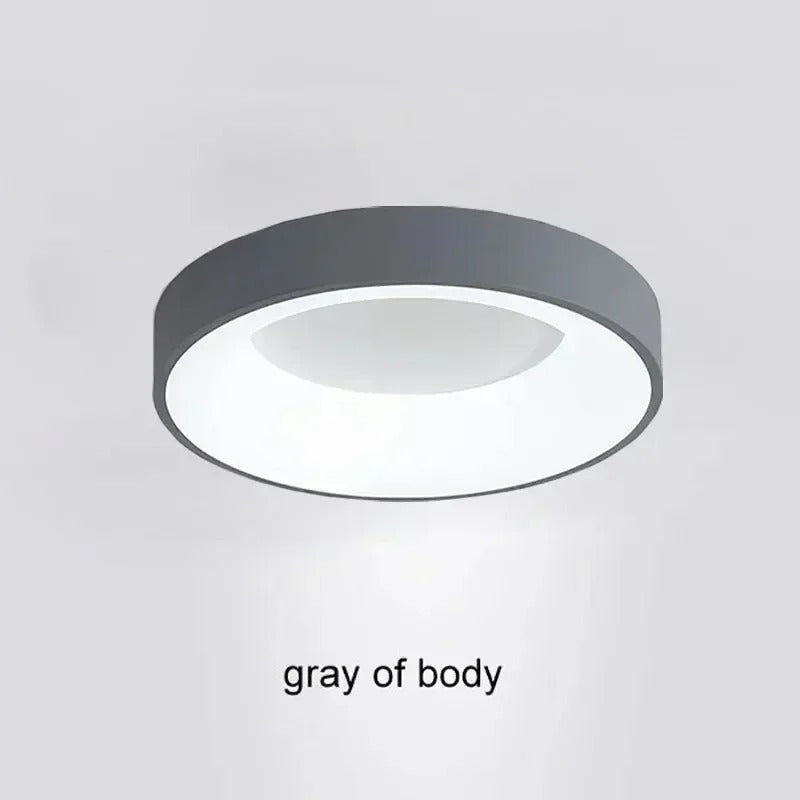 Contemporary circular metal LED ceiling light, sleek design with acrylic finish, emits soft warm or cool lighting for home de