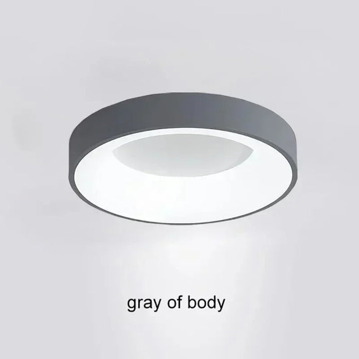 Contemporary circular metal LED ceiling light, sleek design with acrylic finish, emits soft warm or cool lighting for home de