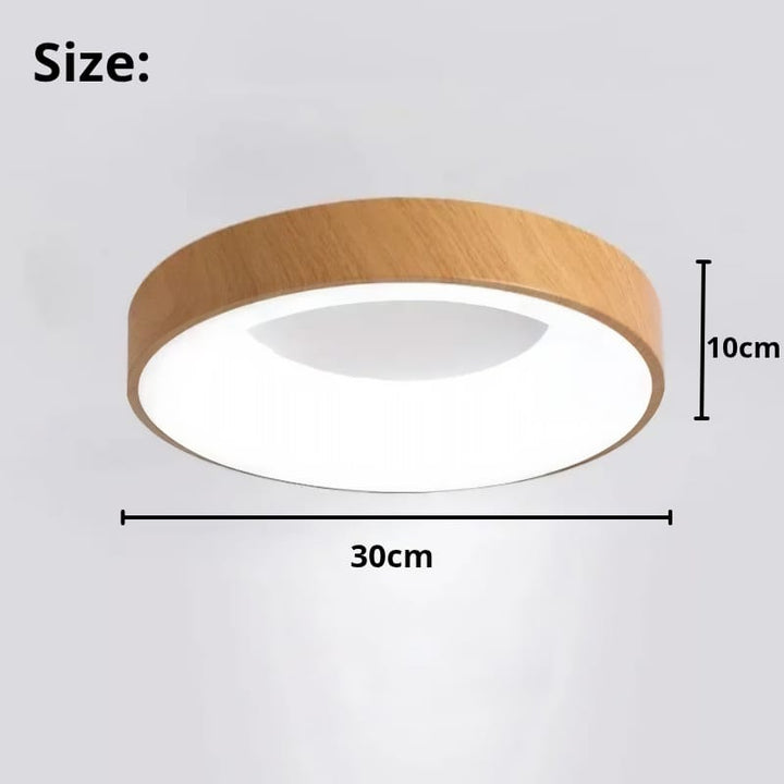 Contemporary circular metal LED ceiling light, sleek design with acrylic finish, emits soft warm or cool lighting for home de
