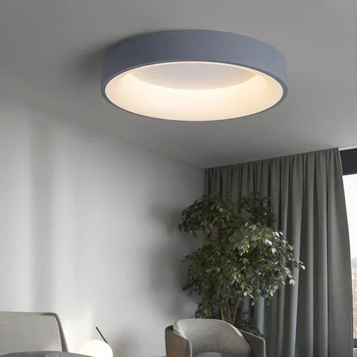 Contemporary circular metal LED ceiling light, sleek design with acrylic finish, emits soft warm or cool lighting for home de