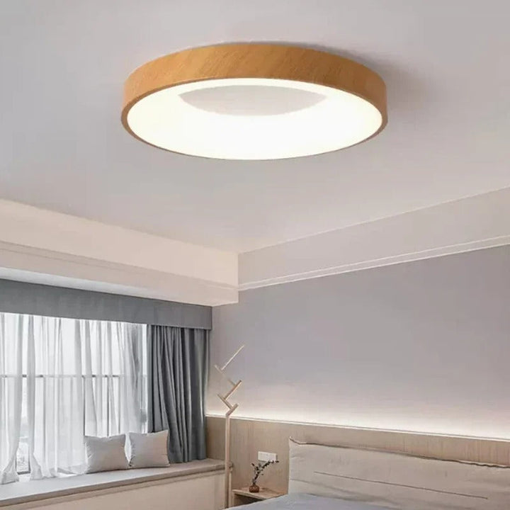 Contemporary circular metal LED ceiling light, sleek design with acrylic finish, emits soft warm or cool lighting for home de