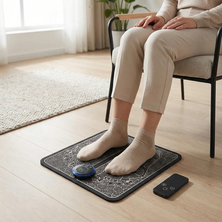 Unisex cordless foot massager mat provides soothing EMS stimulation for muscle relief & circulation.