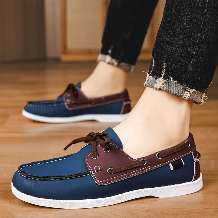 Three pairs of Corvan men's deck loafers in different colors, demonstrating variety in casual footwear.