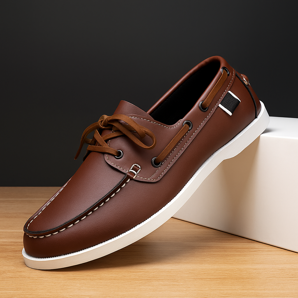 Close-up of Corvan men's deck loafers showcasing the vegan leather texture and stitched detailing.