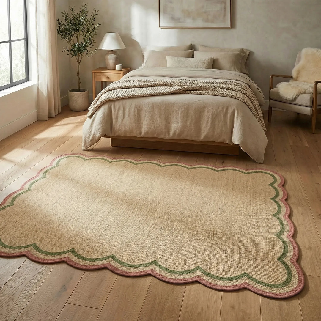 Soft wavy cloud area rug, bringing retro comfort and playful style to a contemporary bedroom.