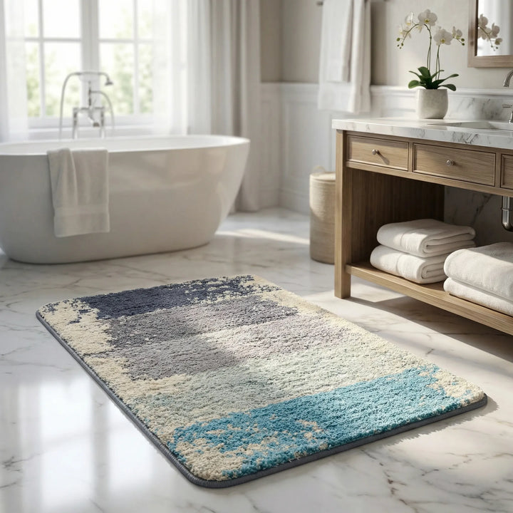 Retro inspired bath rug with elegant wave pattern, soft and non-slip for bathroom comfort & vintage charm.