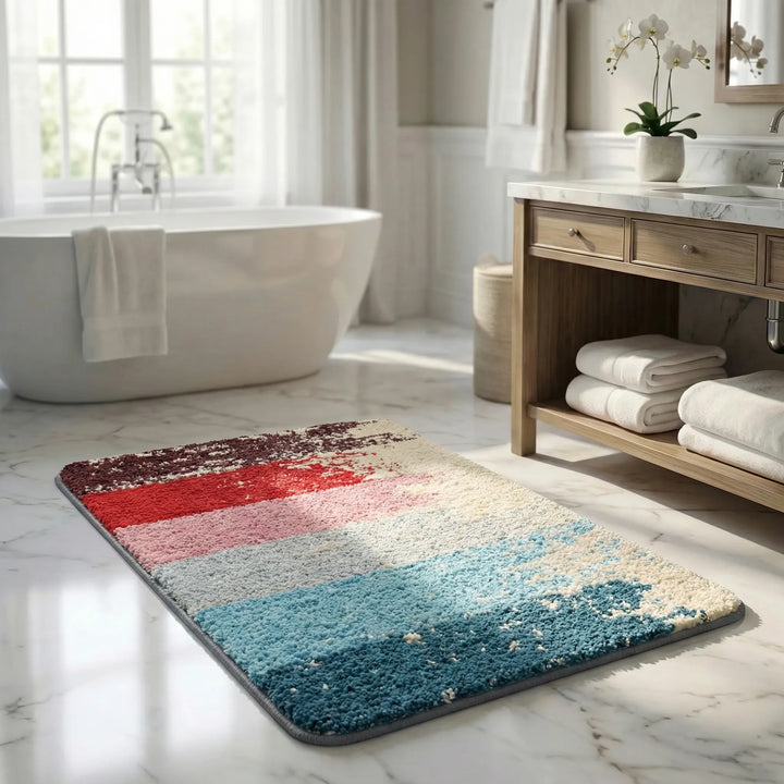 Soft retro bath rug featuring waves, a cozy vintage area rug with non-slip backing perfect for bathrooms.