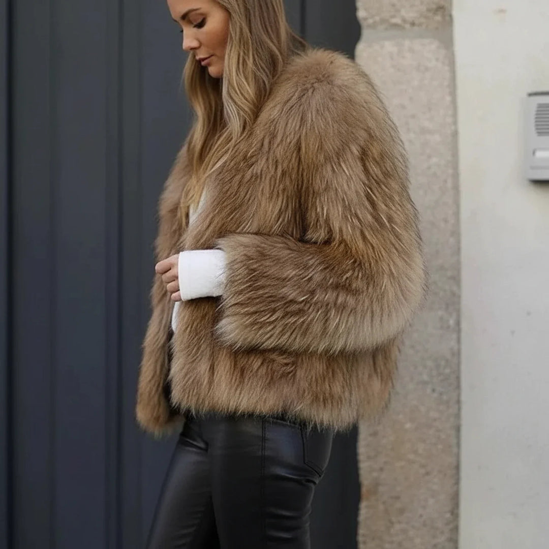 Cozy women's brown plush short jacket with an elegant open front, perfect for fall and winter style.