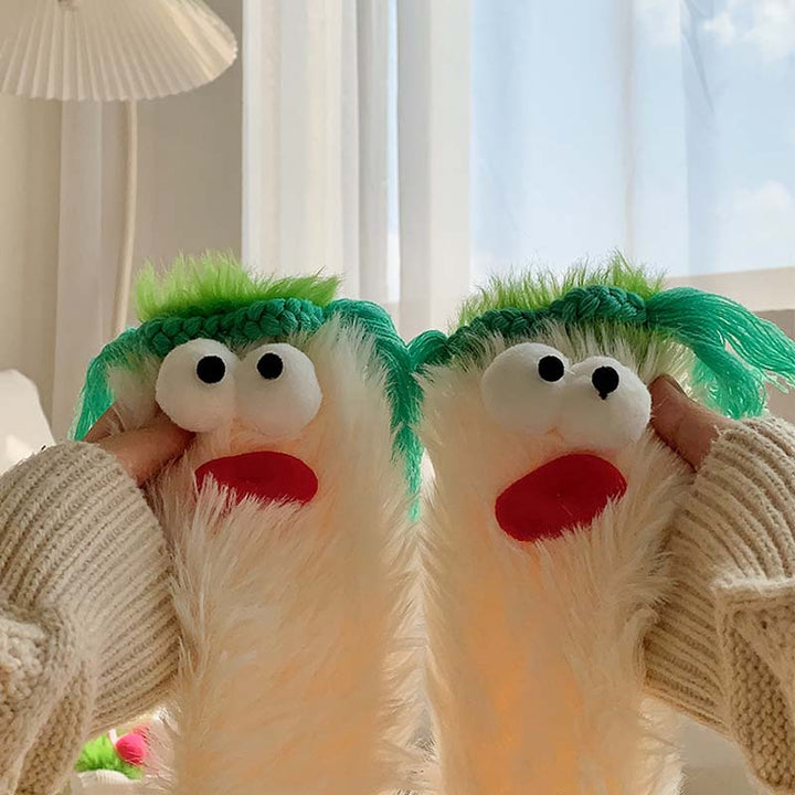 Gift-ready women's fluffy monster socks, playful cartoon design, ultimate winter comfort.