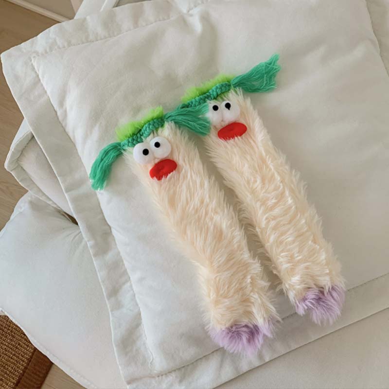 Comfortable women's monster socks, ultra-fluffy, whimsical cartoon elements, gift idea.