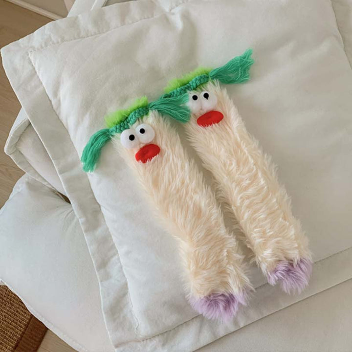 Comfortable women's monster socks, ultra-fluffy, whimsical cartoon elements, gift idea.