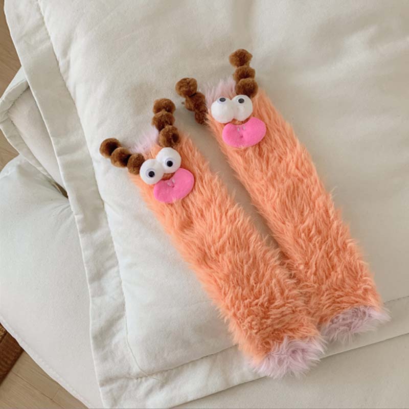 Stylish women's monster socks, luxurious fluffy feel, vibrant cartoon illustration, gift.