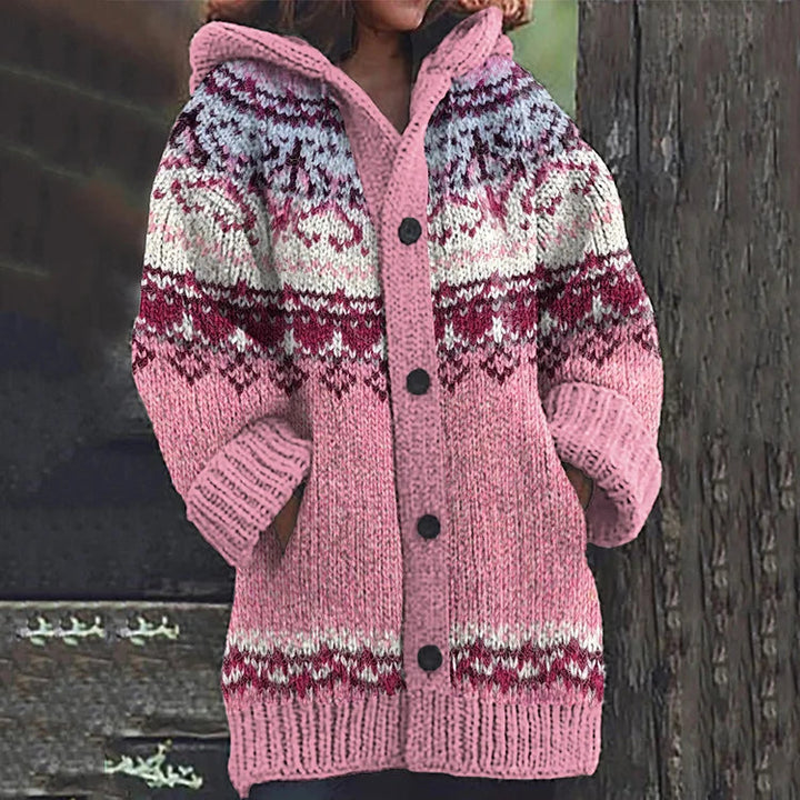 Soft light blue & pink women's winter cardigan. Cozy, stylish long sleeve sweater for casual layering comfort.