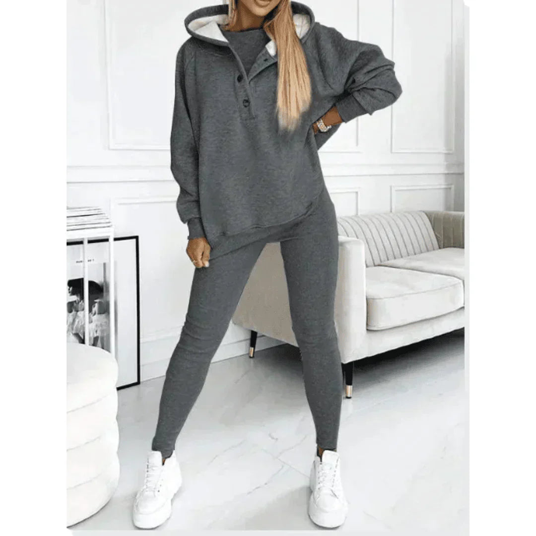 Cozy women's luxe 3-piece winter lounge set in soft knit fabric, perfect for ultimate comfort