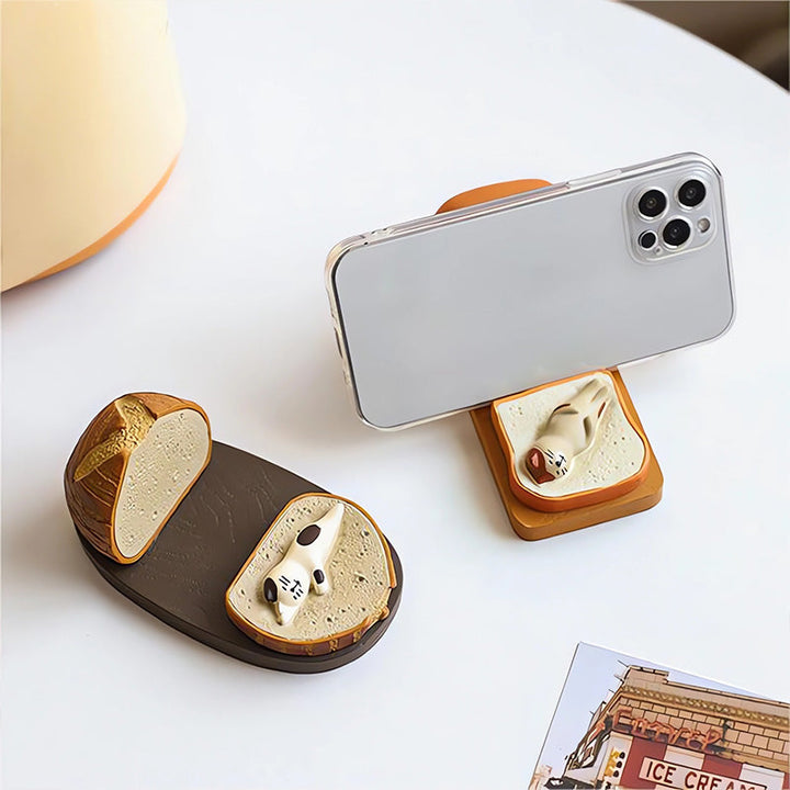 Adorable gray cat cell phone stand, resin decor, perfect for desktop organization and cat enthusiasts