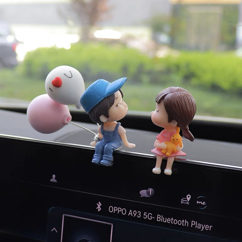 Cute cartoon couple dashboard ornament, resin decor, perfect for romantic car styling.
