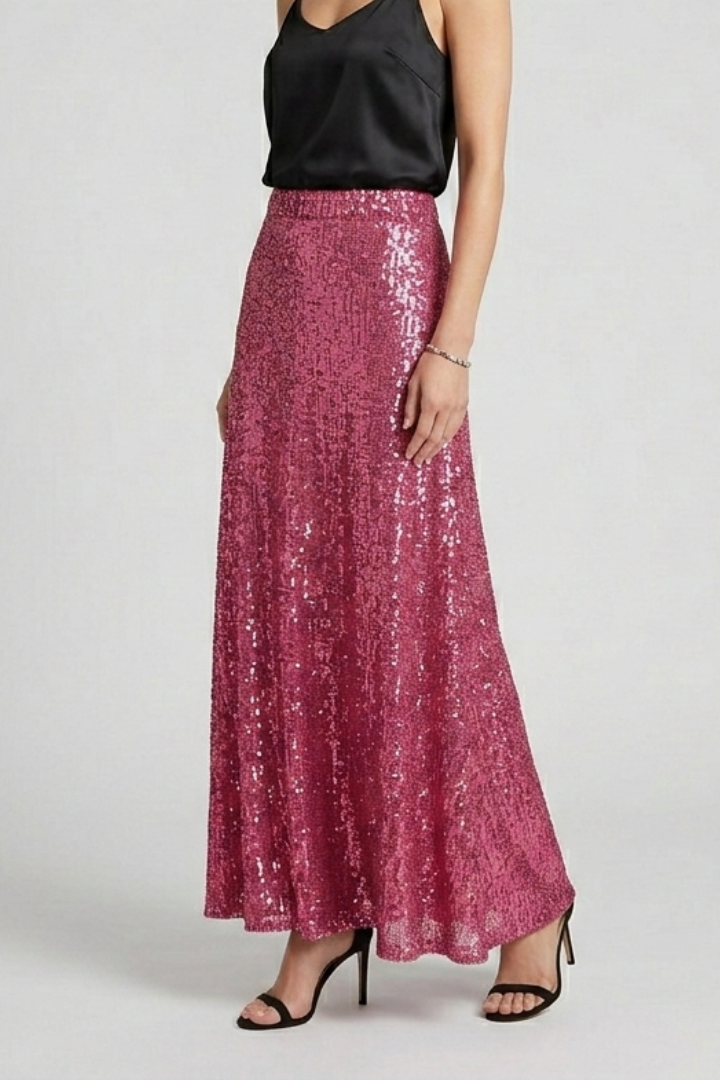 Elegant women's sequin maxi skirt with an elastic waist, offering dazzling comfort for evening events.