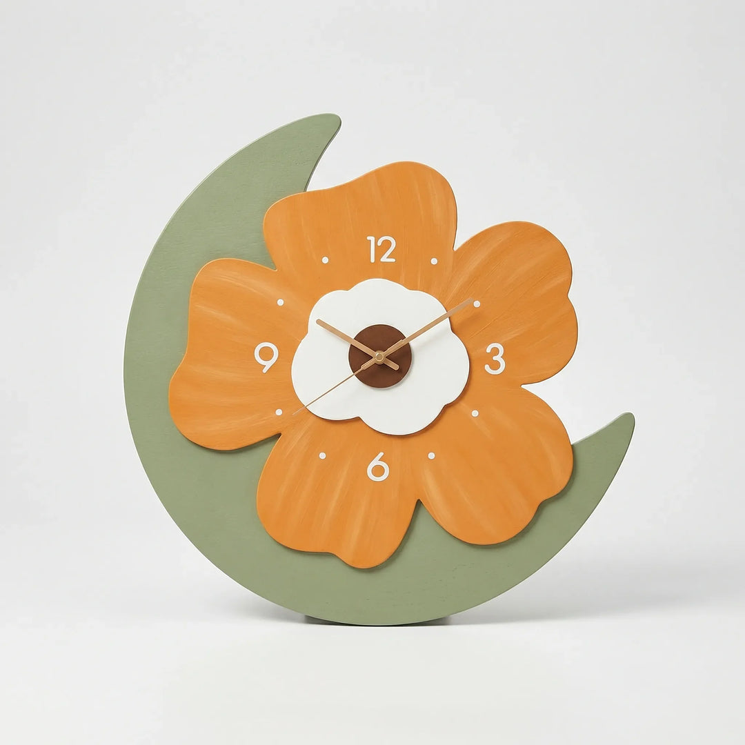 Unique flower-shaped wall clock, perfect decorative piece for kitchen or living room walls.
