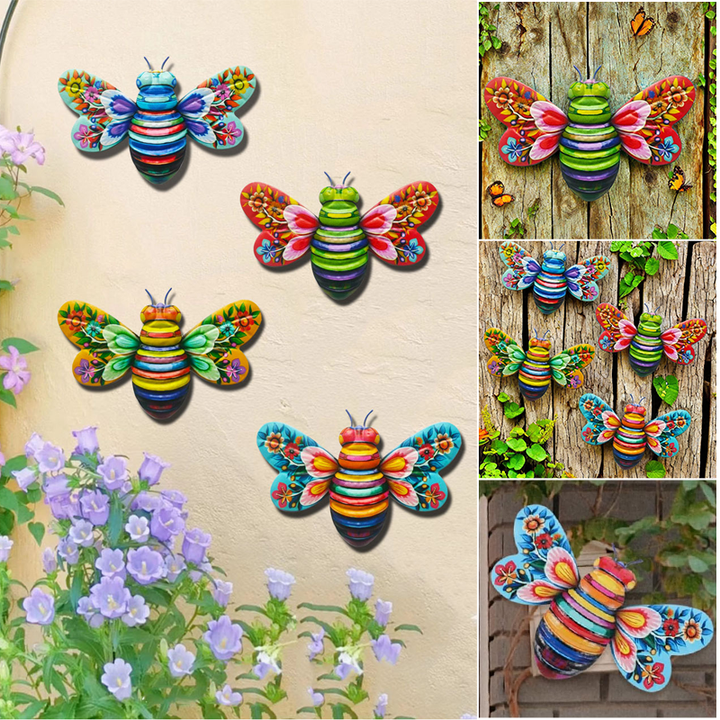 A collection of metal bee sculptures on a wall, demonstrating their versatility as decor.