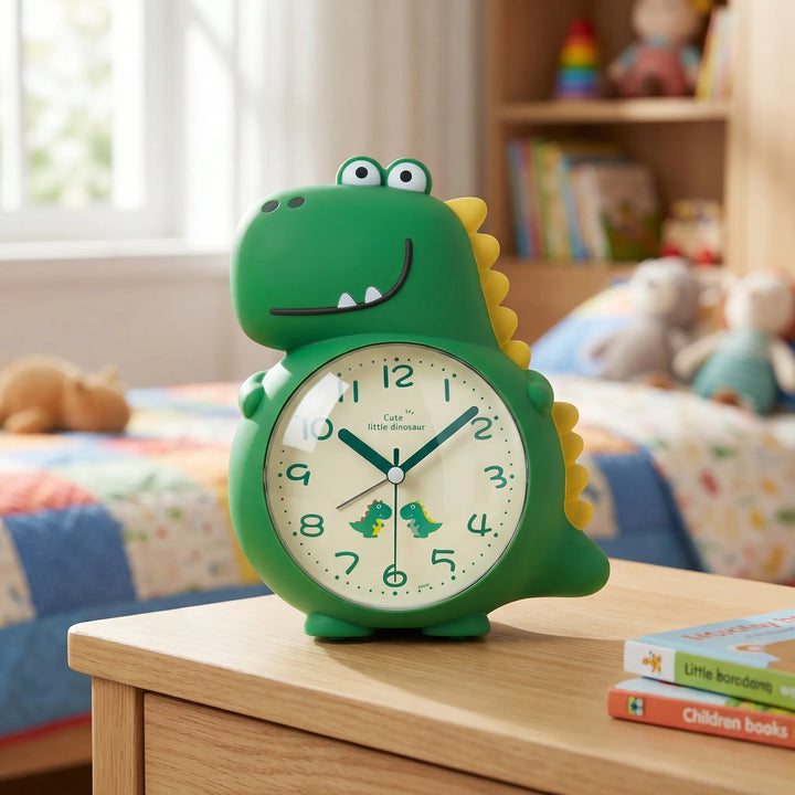 Green DinoRise dinosaur tabletop alarm clock, silent operation, wake-up light, ideal for a child's bedroom.