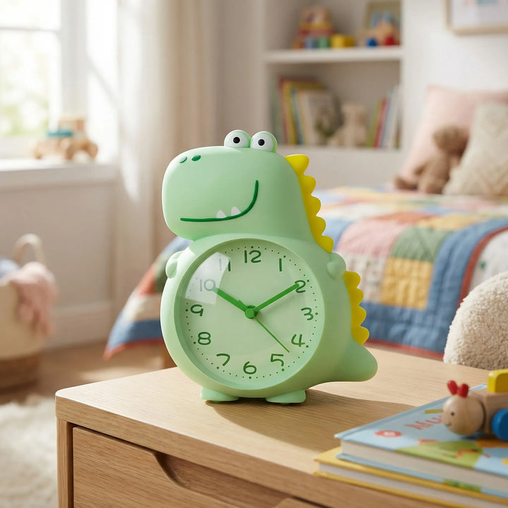 Playful DinoRise kids clock, dinosaur design tabletop alarm with silent movement & gentle wake-up light for children.
