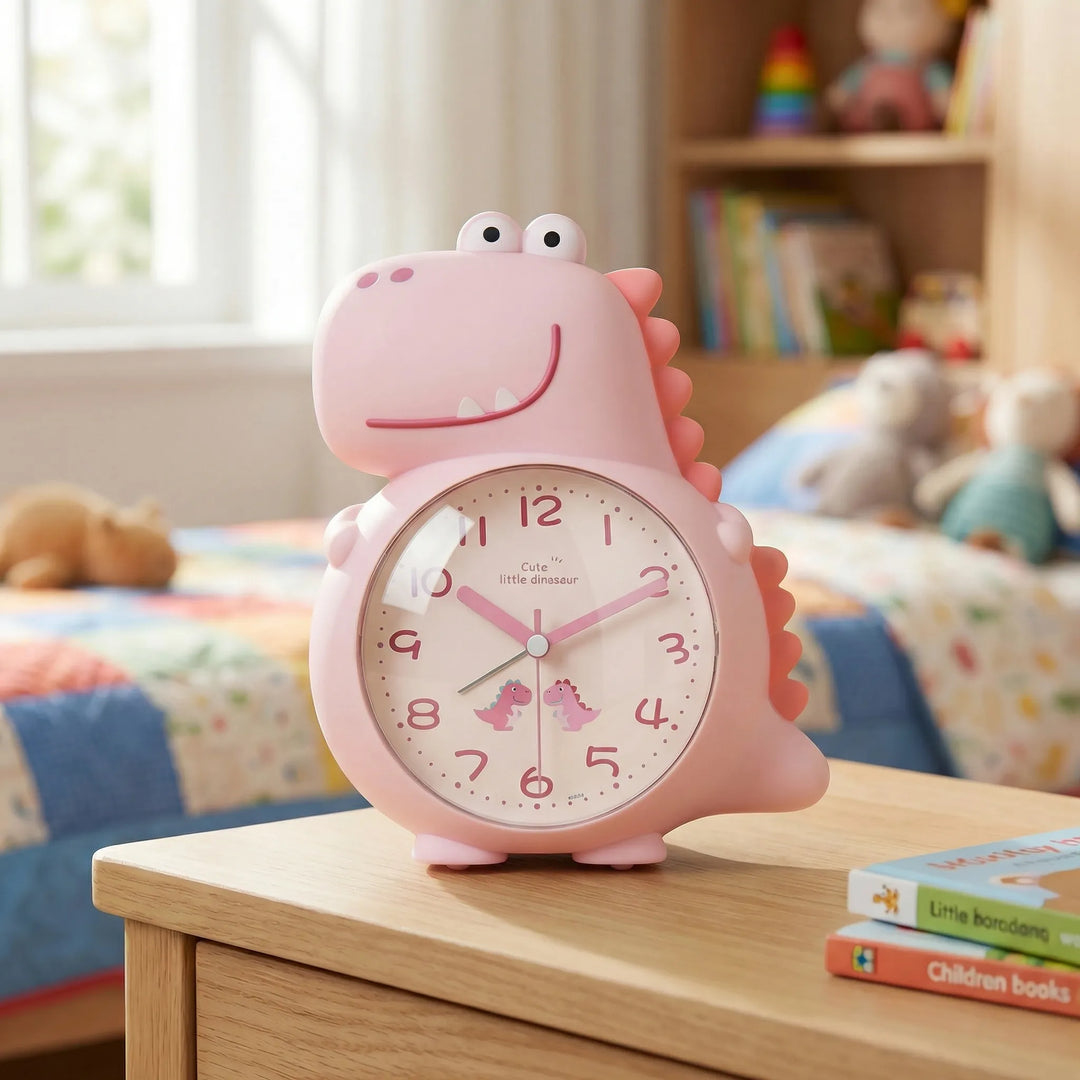 DinoRise children's dinosaur alarm clock, silent tabletop design, gentle wake-up light, great for kids' rooms.