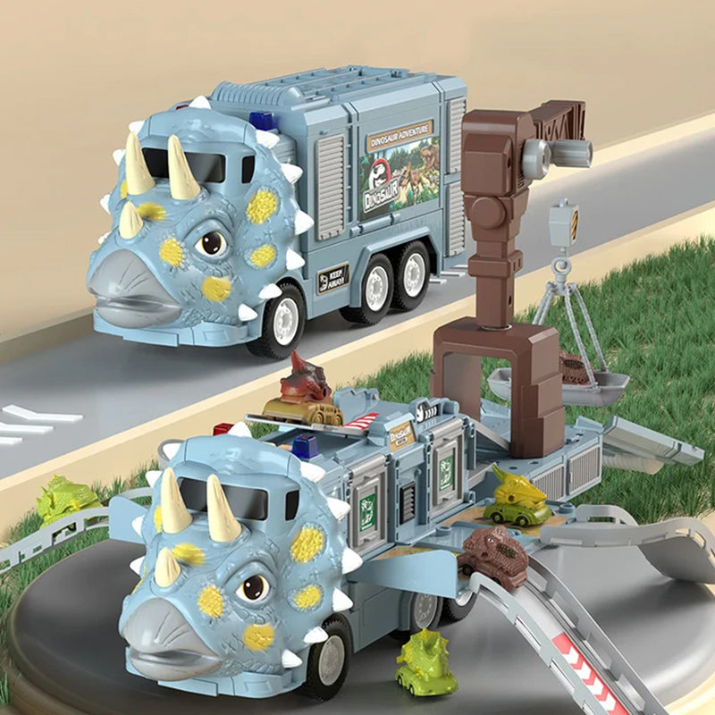 Engaging dinosaur transforming truck that converts into an exciting track for creative construction