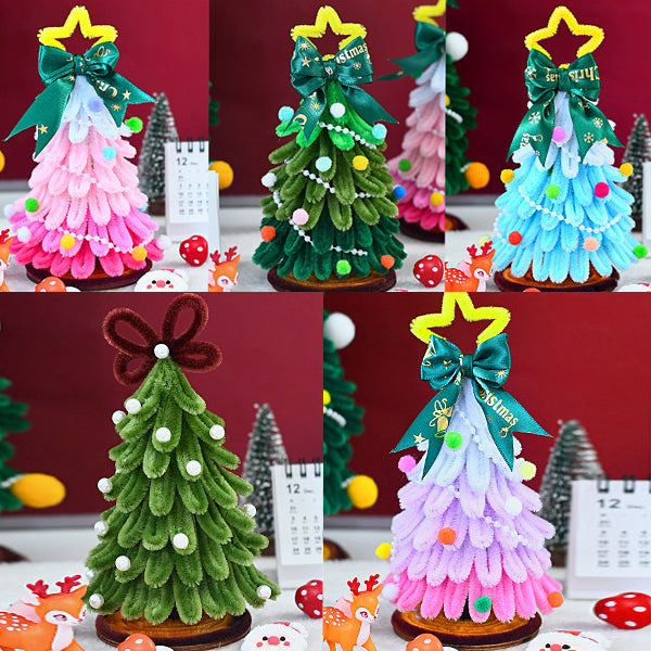 Group of friends or family enjoying building DIY Christmas trees together as a holiday activity