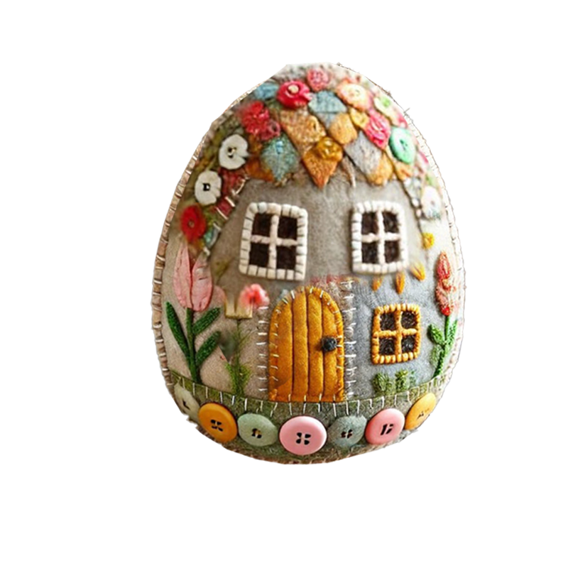 Multiple felt Easter egg houses lined up, showcasing various designs from the kit