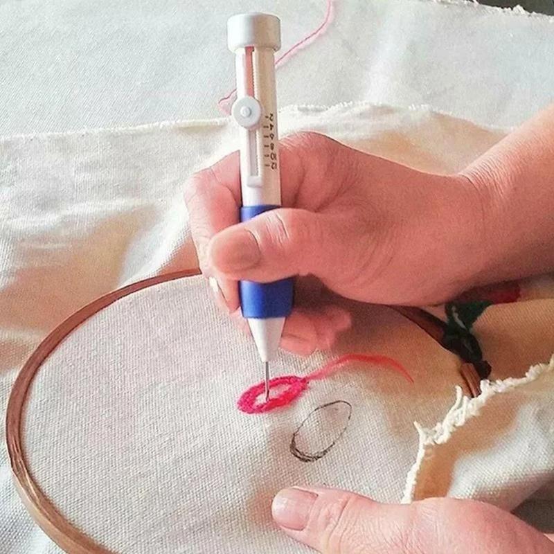 Close-up of Magic Embroidery Pen in use, creating textured loops on fabric for crafting projects