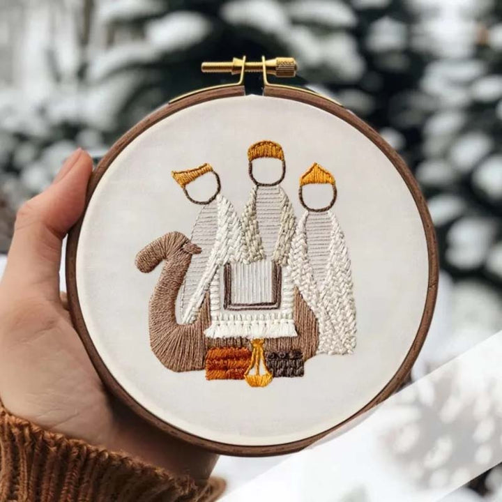 Nativity Scene embroidery kit packaging, showcasing the finished Christmas decor item