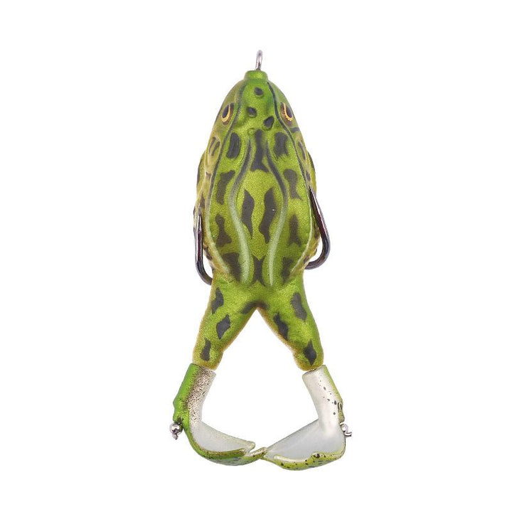 Topwater frog lure featuring dual propellers for maximum water disturbance during fishing