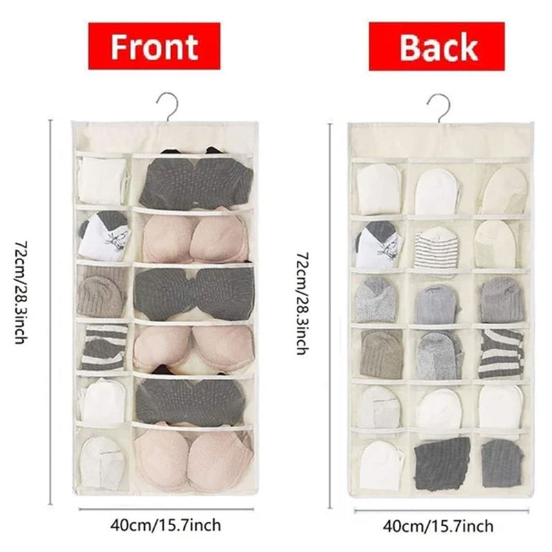 Space-saving hanging organizer for closets, offering efficient storage on both sides.